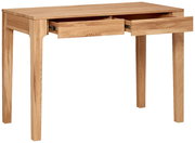 Holzschreibtisch mit zwei geöffneten Schubladen, seitliche Perspektive