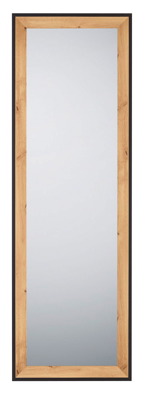 Rechteckiger Spiegel mit Holzrahmen, frontal betrachtet.