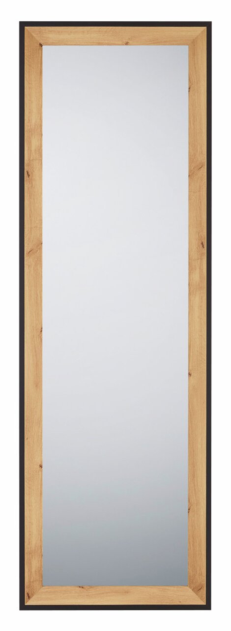 Rechteckiger Spiegel mit Holzrahmen, frontal betrachtet.