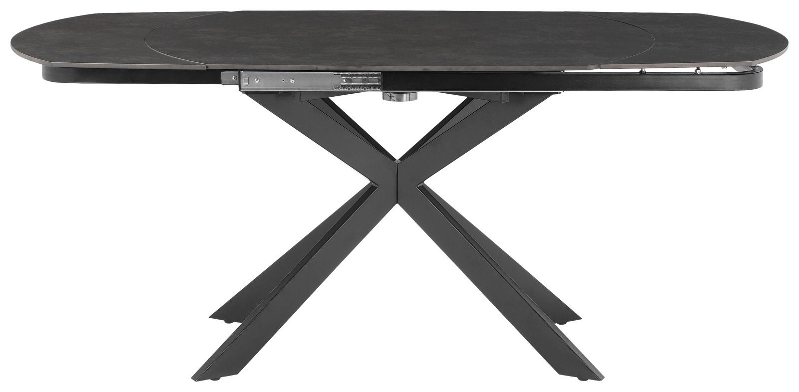 Moderner Esstisch mit schwarzer Tischplatte und X-förmigem Metallgestell, seitliche Perspektive