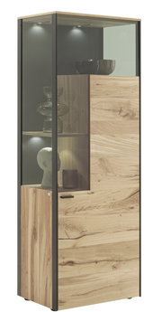Modern hoogkast van hout met glazen elementen, zijaanzicht