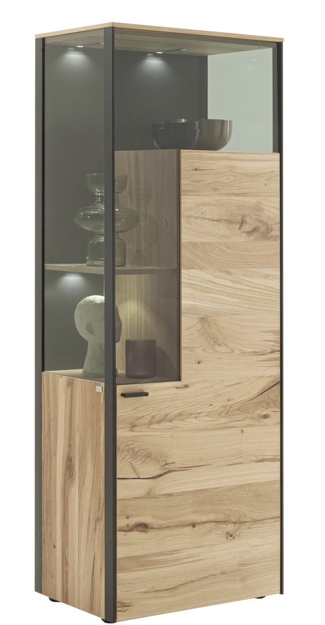 Modern hoogkast van hout met glazen elementen, zijaanzicht