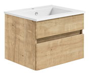 Waschtisch mit Holzoptik und zwei Schubladen, seitliche Perspektive