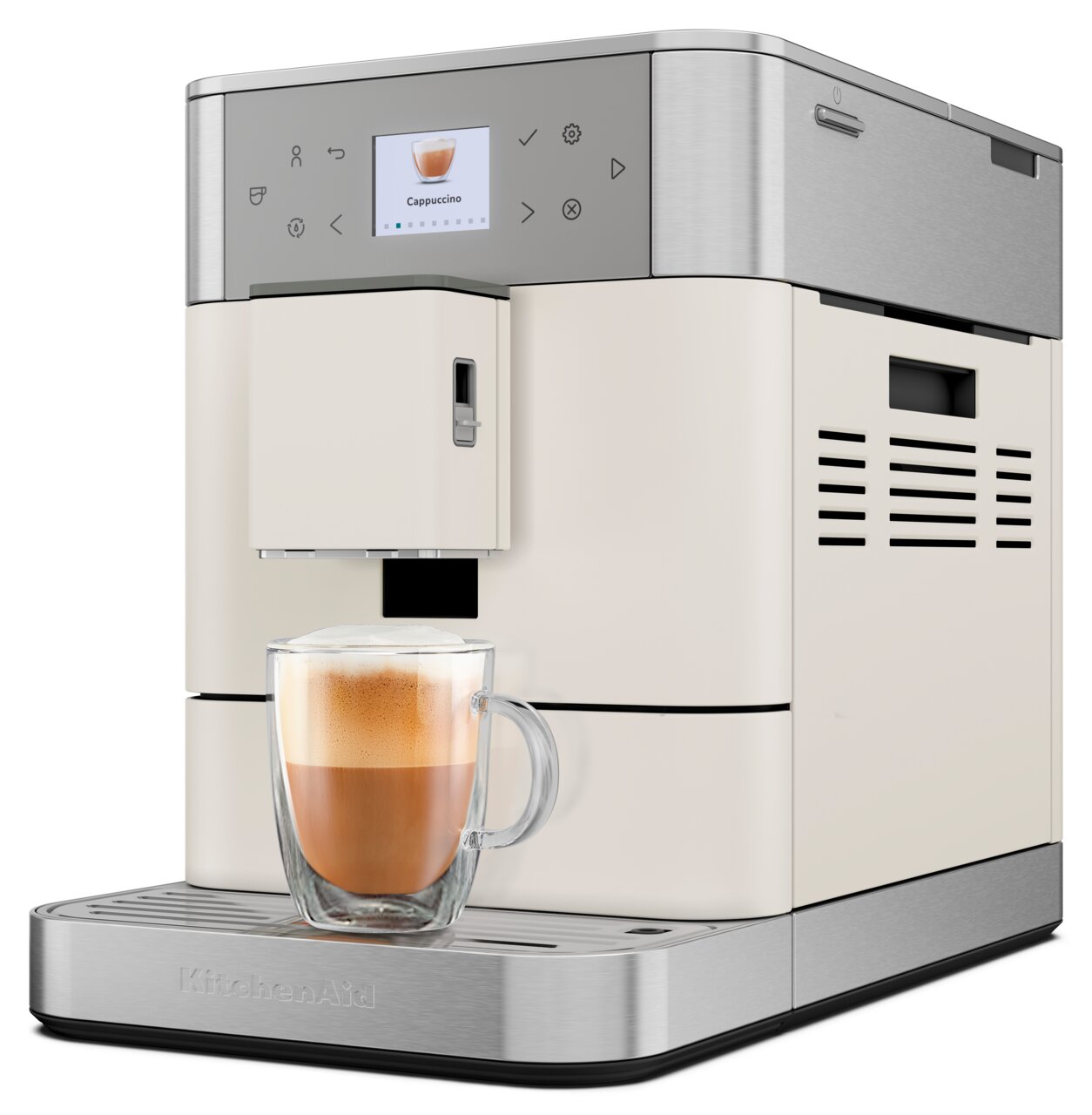 Kaffeevollautomat in seitlicher Perspektive mit einer Tasse Cappuccino auf der Abtropfschale.