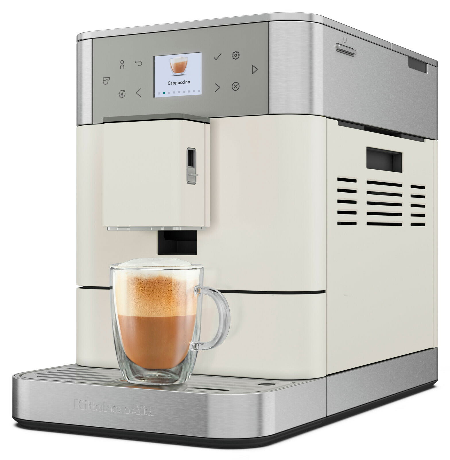 Kaffeevollautomat in seitlicher Perspektive mit einer Tasse Cappuccino auf der Abtropfschale.