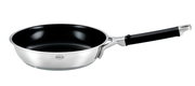 Bratpfanne aus Edelstahl mit schwarzer Antihaftbeschichtung und ergonomischem Griff, seitliche Perspektive