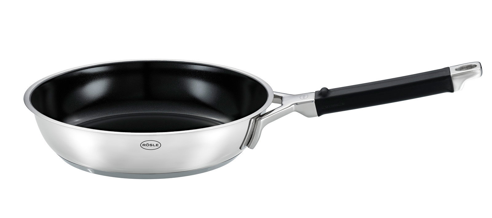 Bratpfanne aus Edelstahl mit schwarzer Antihaftbeschichtung und ergonomischem Griff, seitliche Perspektive