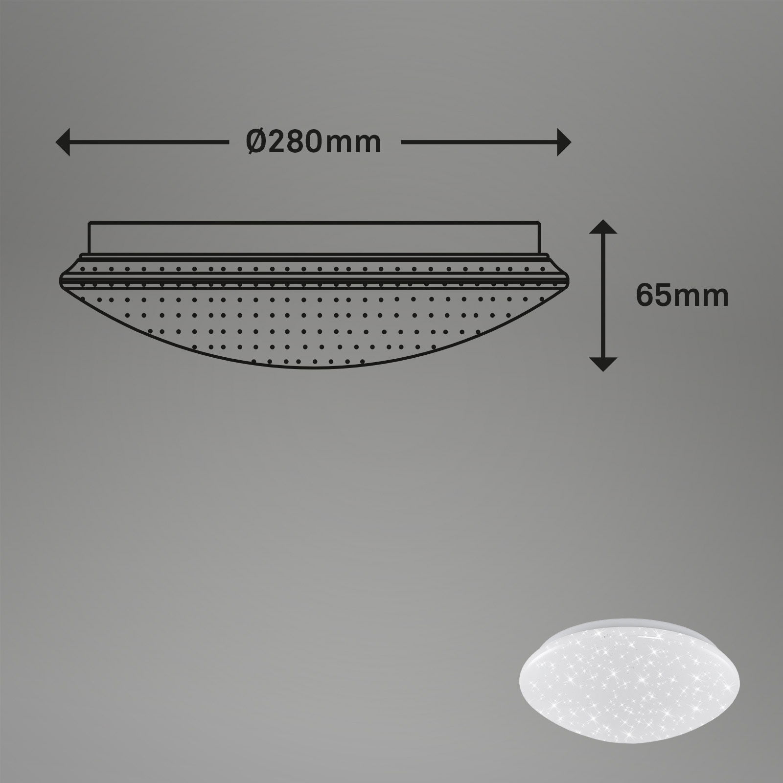 LED-Deckenleuchte aus Kunststoff in Weiß, Durchmesser 280mm, Höhe 65mm, seitliche Perspektive