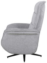 Seitenansicht eines grauen, drehbaren Relaxsessels mit schwarzem Fußgestell.