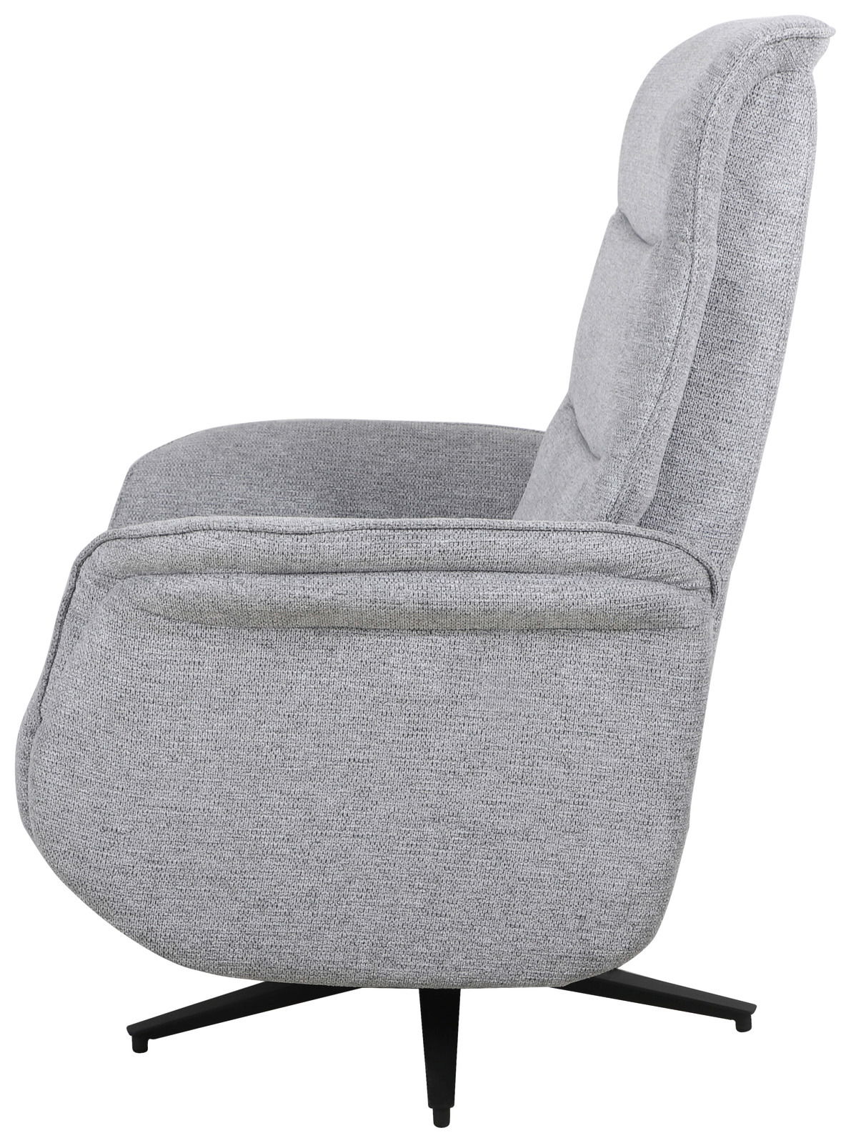 Seitenansicht eines grauen, drehbaren Relaxsessels mit schwarzem Fußgestell.