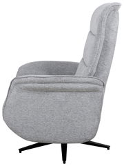 Seitenansicht eines grauen, drehbaren Relaxsessels mit schwarzem Fußgestell.