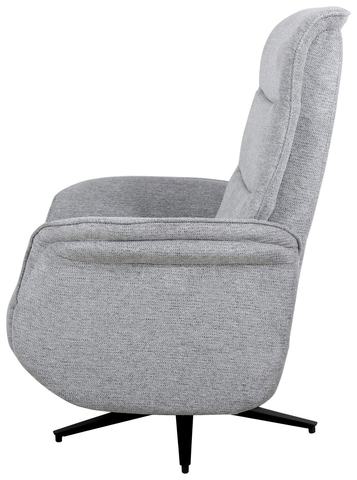 Seitenansicht eines grauen, drehbaren Relaxsessels mit schwarzem Fußgestell.