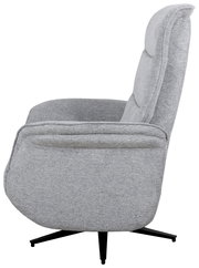Seitenansicht eines grauen, drehbaren Relaxsessels mit schwarzem Fußgestell.