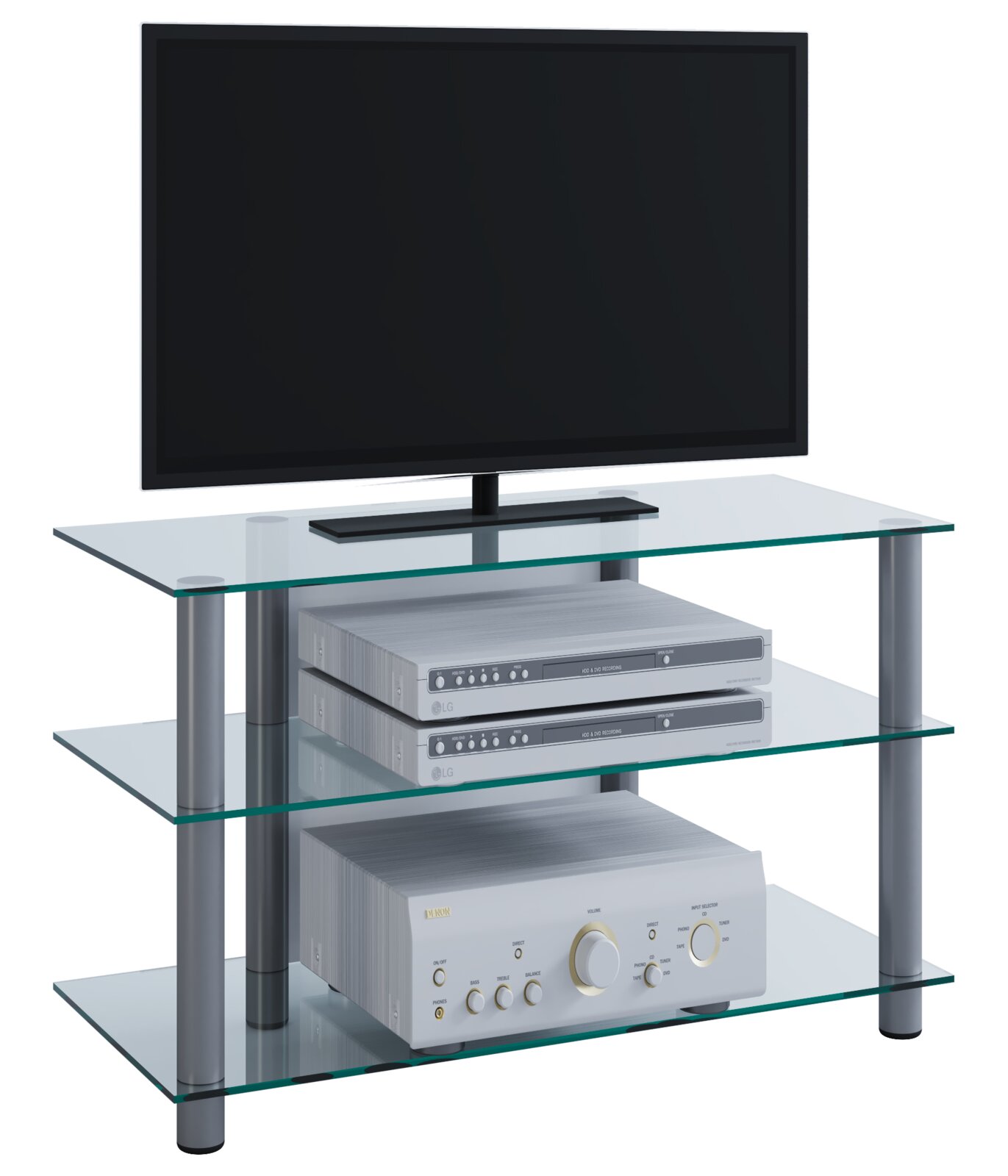 Modernes TV- und HiFi-Rack aus Glas mit mehreren Ablagen und Metallstützen, mit Flachbildfernseher und AV-Geräten, schräg von vorn (Frontansicht in leichter Perspektive)