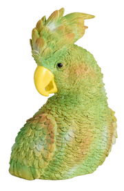 Detailreiche grüne Papageienfigur mit gelbem Schnabel, seitliche Perspektive