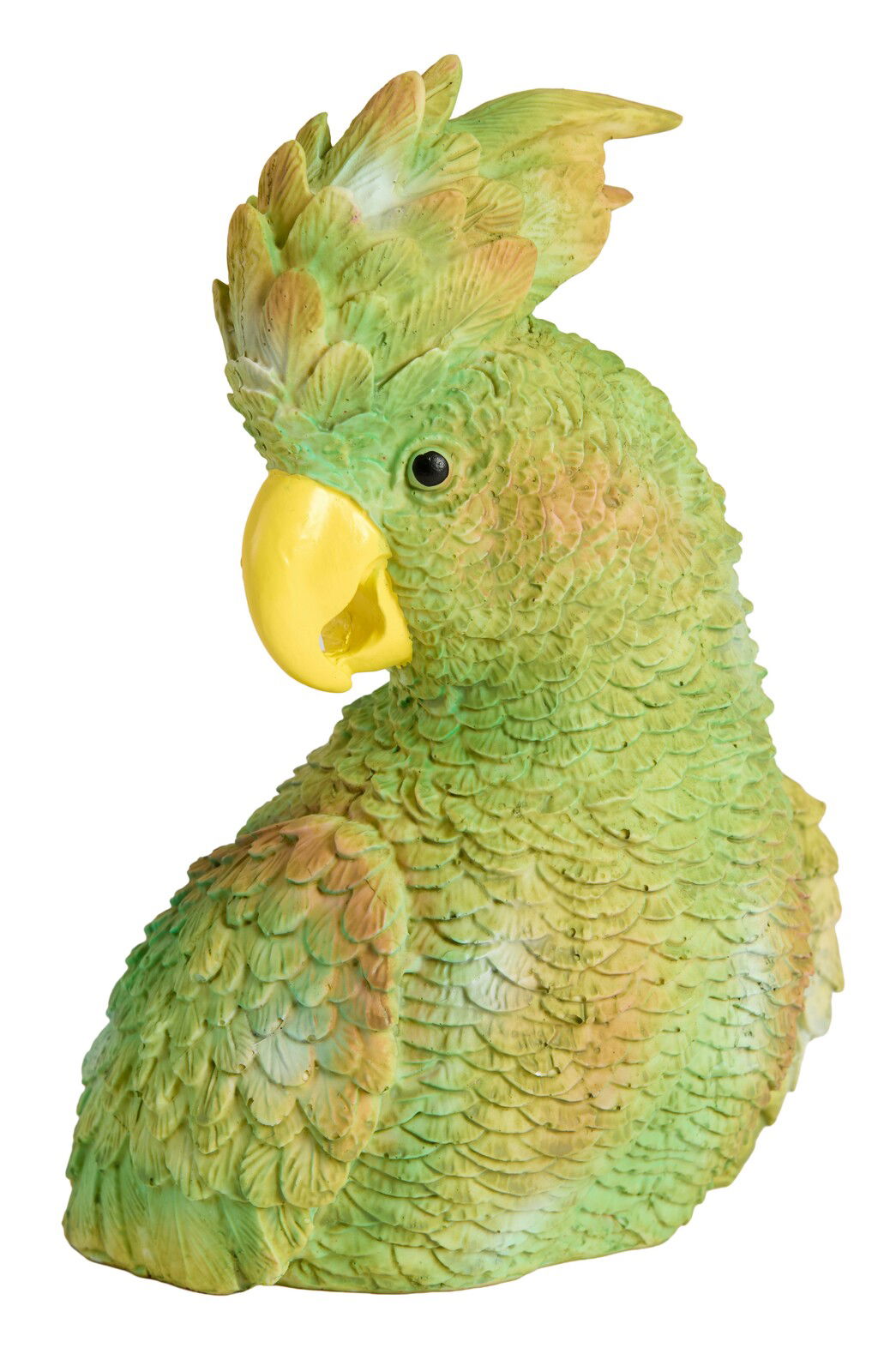 Detailreiche grüne Papageienfigur mit gelbem Schnabel, seitliche Perspektive