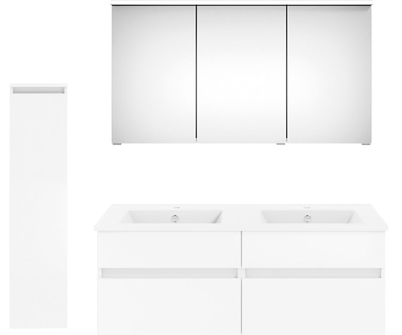 Frontale Ansicht einer modernen Badkombination aus der Serie NEXT4YOU von Puris mit einem großen Spiegelschrank, einem Doppelwaschtisch und einem hohen, schmalen Schrank in weißem Design.