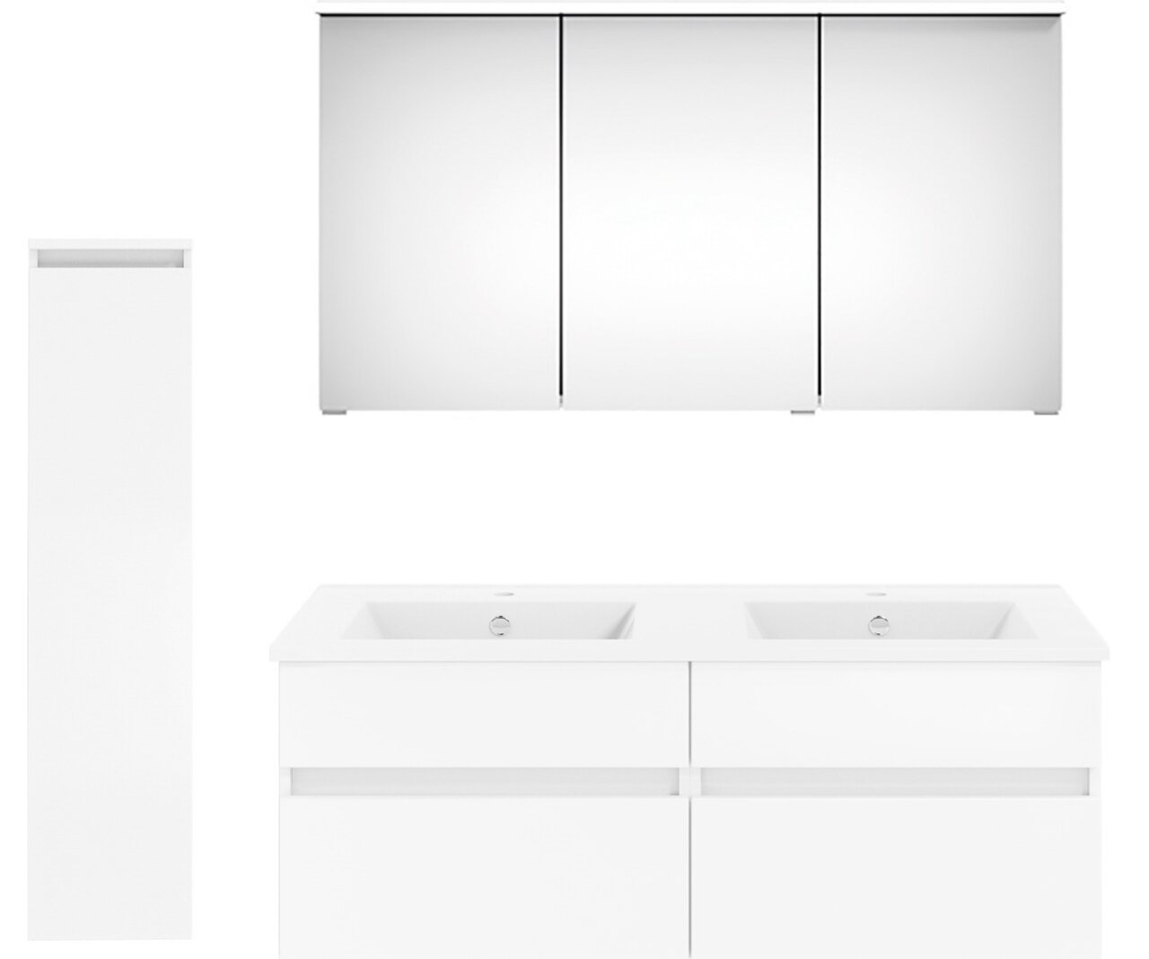 Frontale Ansicht einer modernen Badkombination aus der Serie NEXT4YOU von Puris mit einem großen Spiegelschrank, einem Doppelwaschtisch und einem hohen, schmalen Schrank in weißem Design.