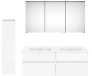 Frontale Ansicht einer modernen Badkombination aus der Serie NEXT4YOU von Puris mit einem großen Spiegelschrank, einem Doppelwaschtisch und einem hohen, schmalen Schrank in weißem Design.