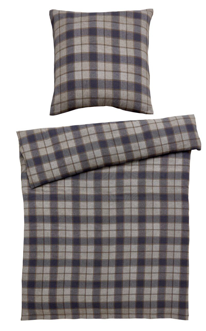 Bettwäsche-Set mit kariertem Muster in Blau und Grau, bestehend aus einem Kissenbezug und einem Bettdeckenbezug, aus der Vogelperspektive fotografiert.