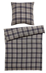 Bettwäsche-Set mit kariertem Muster in Blau und Grau, bestehend aus einem Kissenbezug und einem Bettdeckenbezug, aus der Vogelperspektive fotografiert.