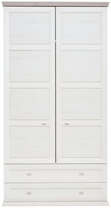 Frontansicht eines weißen XL-Garderobenschranks mit zwei Türen und zwei Schubladen.