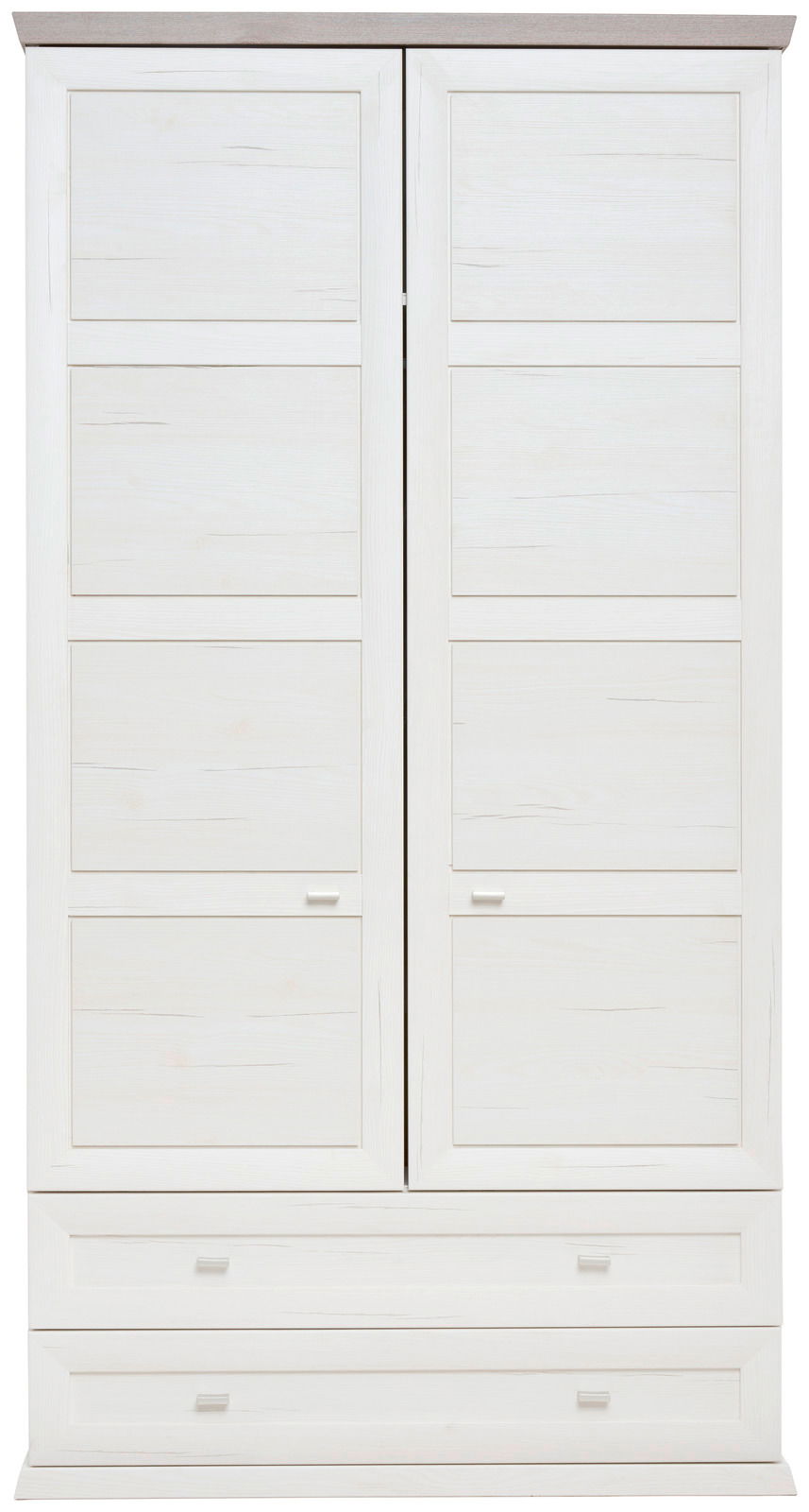 Frontansicht eines weißen XL-Garderobenschranks mit zwei Türen und zwei Schubladen.