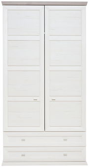 Frontansicht eines weißen XL-Garderobenschranks mit zwei Türen und zwei Schubladen.