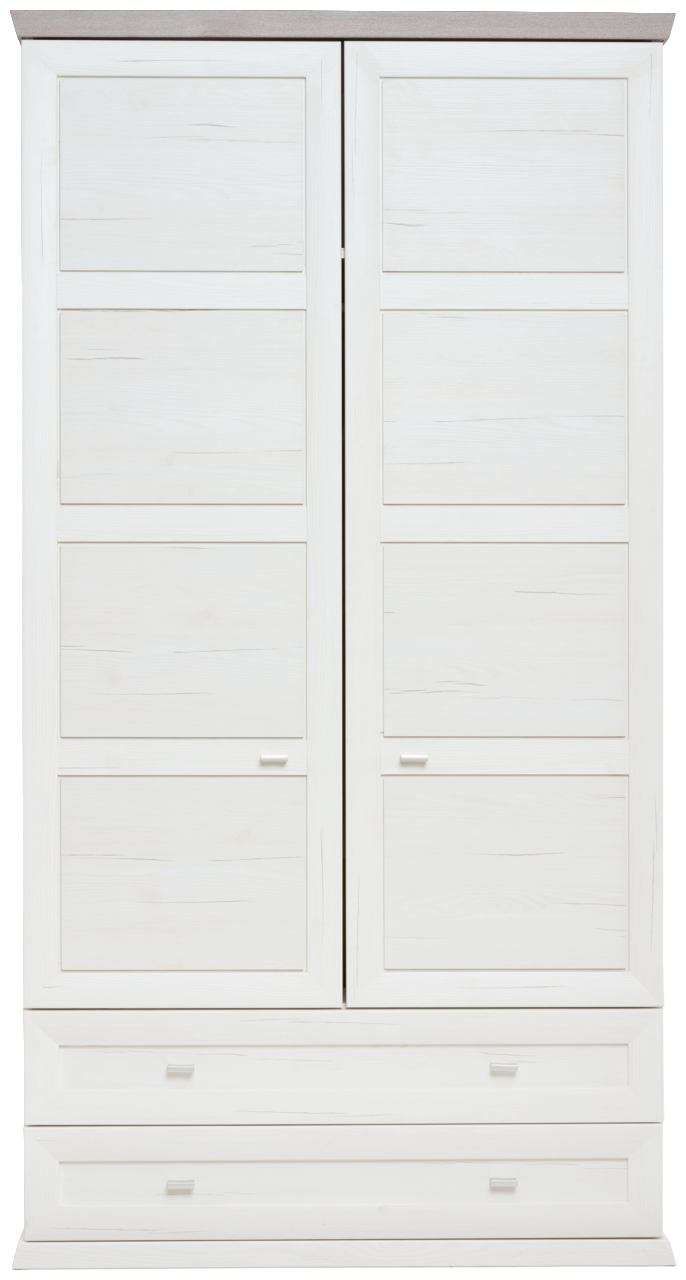 Frontansicht eines weißen XL-Garderobenschranks mit zwei Türen und zwei Schubladen.