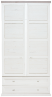 Frontansicht eines weißen XL-Garderobenschranks mit zwei Türen und zwei Schubladen.