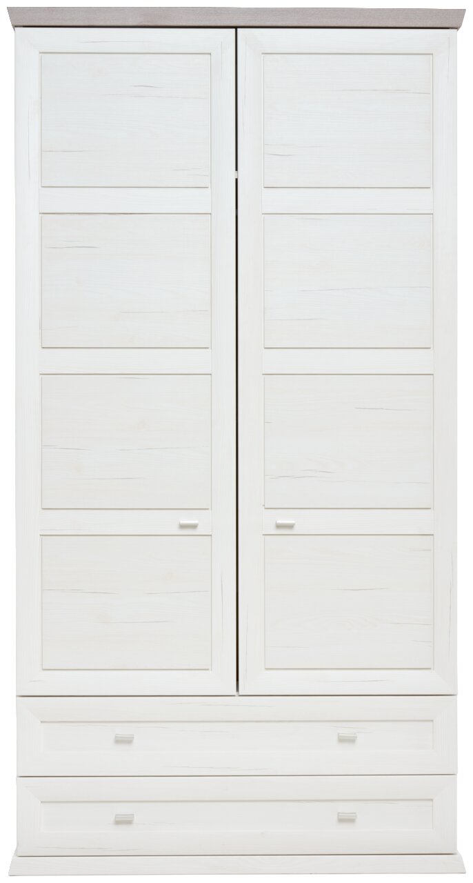 Frontansicht eines weißen XL-Garderobenschranks mit zwei Türen und zwei Schubladen.