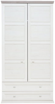 Frontansicht eines weißen XL-Garderobenschranks mit zwei Türen und zwei Schubladen.