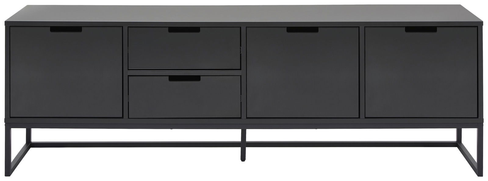 Modernes schwarzes TV-Lowboard mit vier Türen und zwei Schubladen, frontale Ansicht