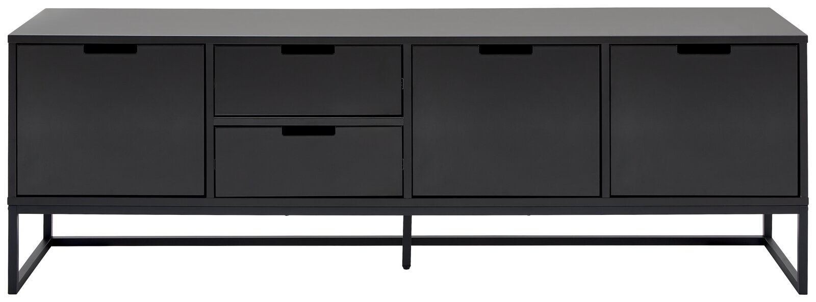 Modernes schwarzes TV-Lowboard mit vier Türen und zwei Schubladen, frontale Ansicht
