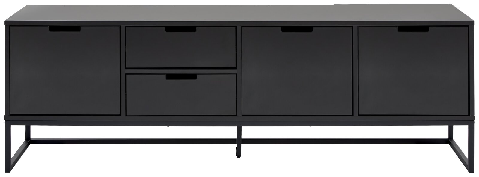 Modernes schwarzes TV-Lowboard mit vier Türen und zwei Schubladen, frontale Ansicht