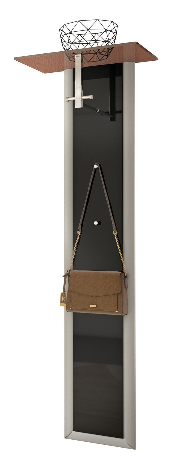 Garderobenpaneel mit schwarzer Rückwand, silbernem Rahmen, Haken und Ablage, frontal abgebildet.