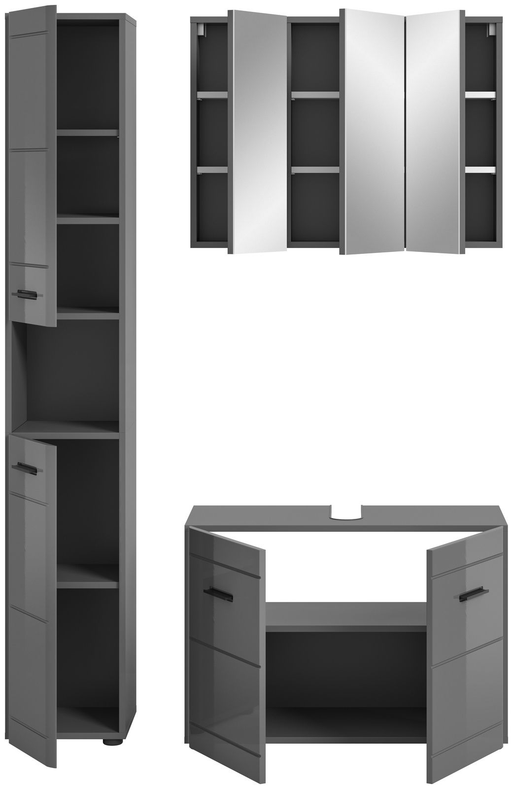 Badezimmermöbel-Set in grauem Hochglanz, bestehend aus einem hohen Schrank, einem Spiegelschrank und einem Waschbeckenunterschrank, frontal und seitlich abgebildet.