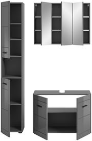Badezimmermöbel-Set in grauem Hochglanz, bestehend aus einem hohen Schrank, einem Spiegelschrank und einem Waschbeckenunterschrank, frontal und seitlich abgebildet.