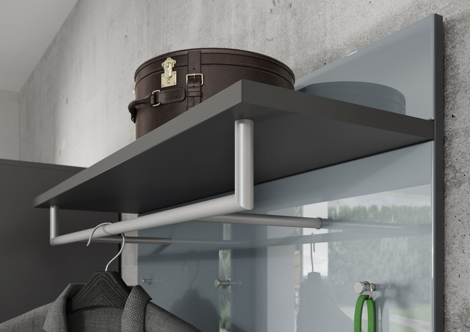 Garderobenpaneel mit Ablage und Kleiderstange, seitliche Perspektive