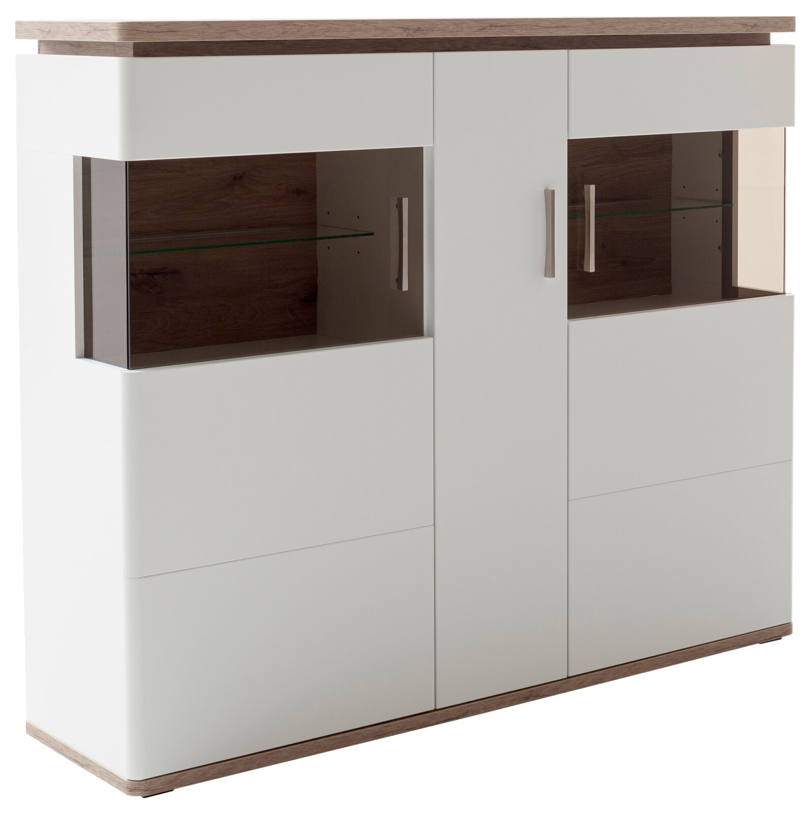 Moderne Highboard-Vitrine in Weiß mit Holzoptik-Absetzungen, zwei Glas-Schiebetüren und Glasböden, Ansicht schräg von vorne (Front-/Seitenperspektive)