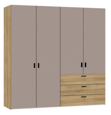 Jutzler Drehtürenschrank 4-trg. JUTZLER Moderner Kleiderschrank in Taupe und Eicheoptik mit vier Türen und drei Schubladen, Frontansicht