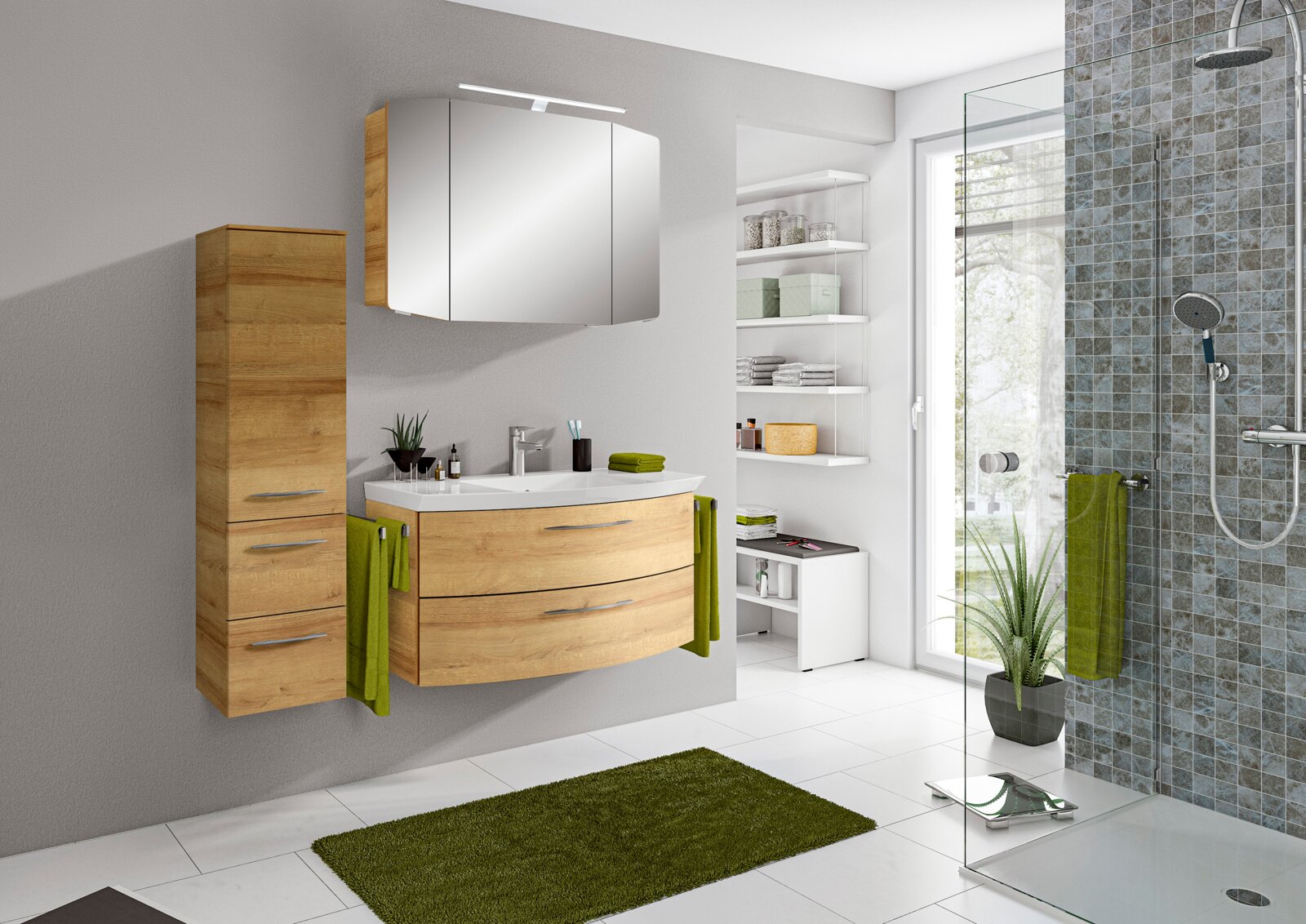 Moderne Badkombination mit Holzoptik, bestehend aus einem Waschtisch mit Spiegel und Schrank, in einer hellen Badezimmerumgebung. Perspektive von vorne.