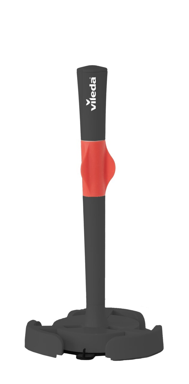 Vileda Küchenrollenhalter Küchenrollenhalter mit Saugnapf, seitliche Ansicht, schwarz mit rotem Griff.