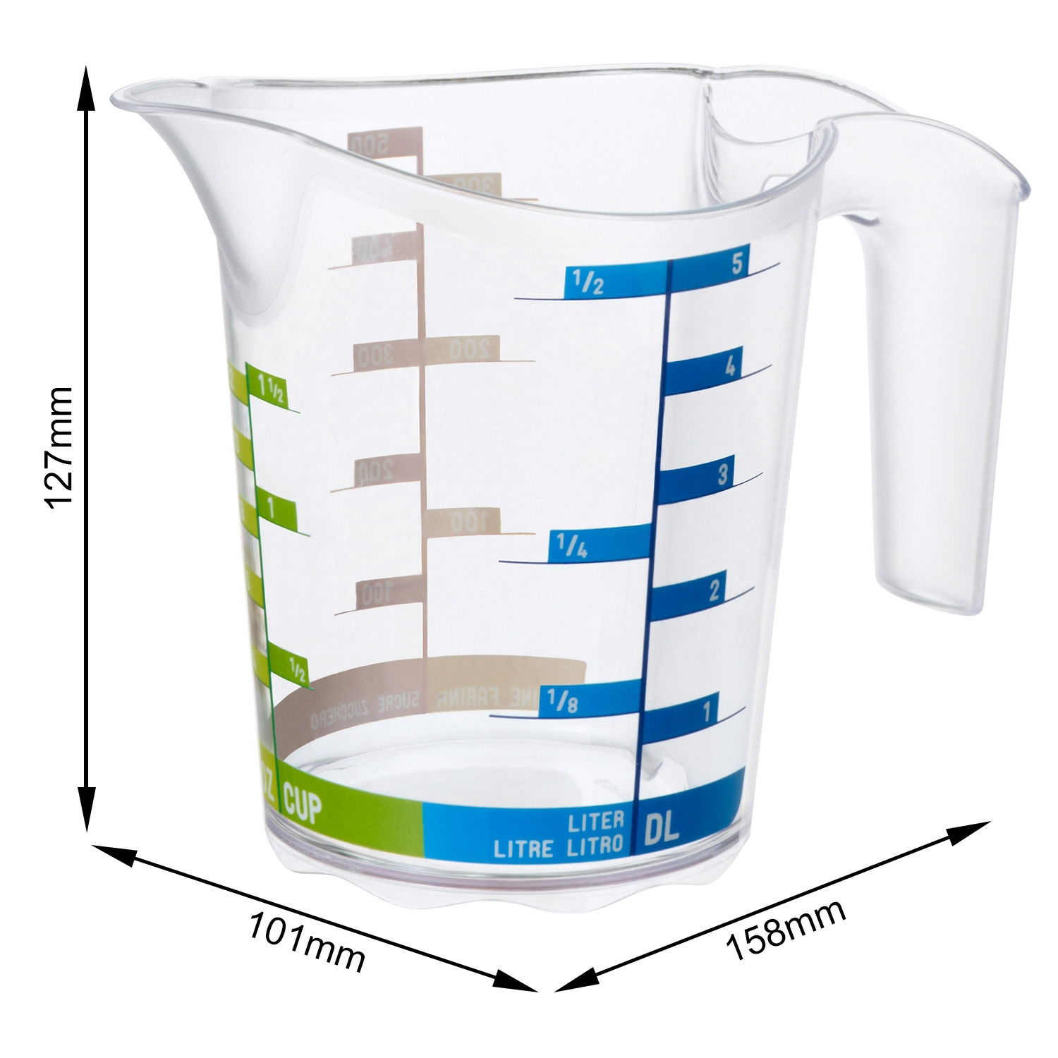 Transparenter Messbecher Domino 0,5L mit farbigen Skalen für verschiedene Maßeinheiten, seitliche Perspektive