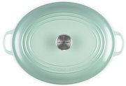 Ovaler Le Creuset Bräter/Schmortopf mit Deckel in Mintgrün, Draufsicht von oben, mit seitlichen Griffen und Edelstahlknopf auf weißem Hintergrund