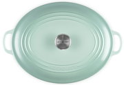Ovaler Le Creuset Bräter/Schmortopf mit Deckel in Mintgrün, Draufsicht von oben, mit seitlichen Griffen und Edelstahlknopf auf weißem Hintergrund