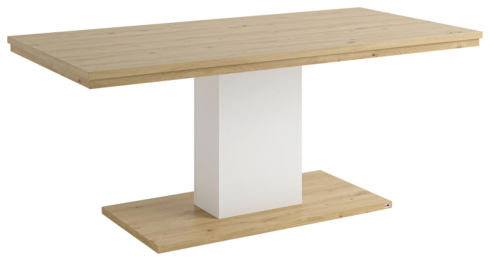 Moderner Esstisch mit Holzoptik und weißem Mittelteil, seitliche Perspektive