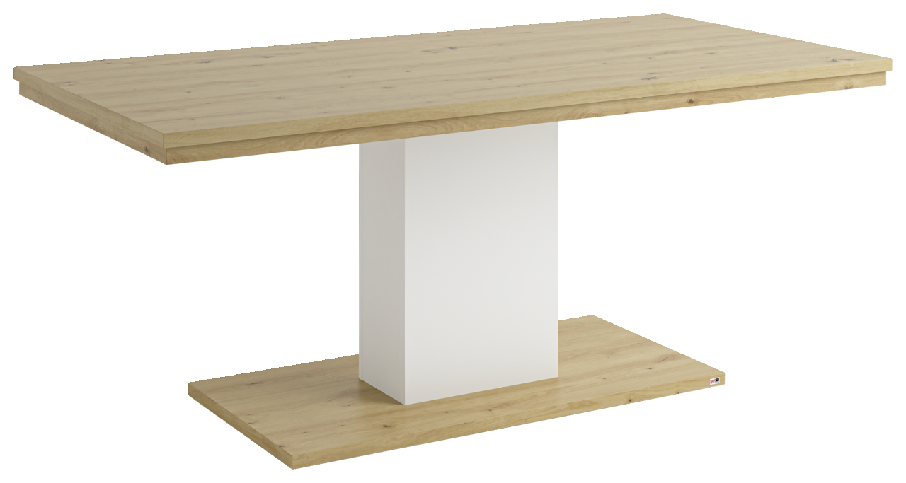 Moderner Esstisch mit Holzoptik und weißem Mittelteil, seitliche Perspektive