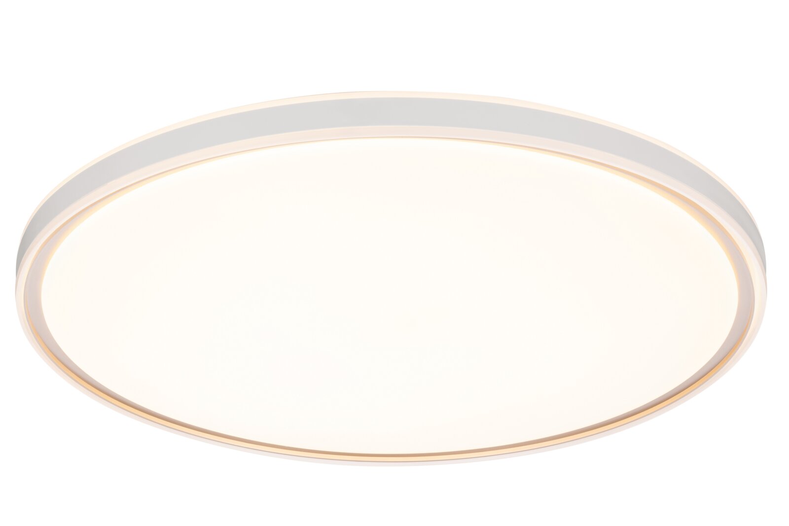 Ronde, platte LED plafondlamp met wit diffuserpaneel en subtiele gouden rand, frontaal aanzicht (onderaanzicht) op witte achtergrond
