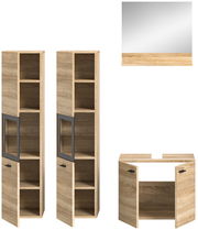 Badkombination BOSTON bestehend aus zwei hohen Schränken mit offenen und geschlossenen Fächern, einem Spiegel und einem Unterschrank, in Holzoptik, frontal abgebildet.